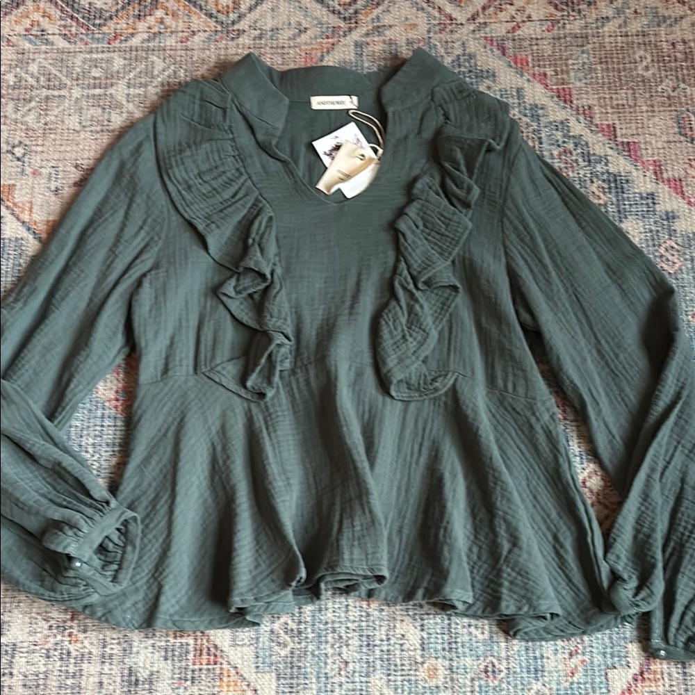 NWT Andthewhy dusty Green Ruffle Blouse
